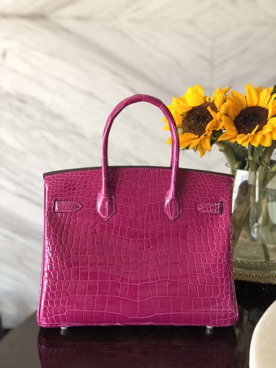 Hermes Shiny Crocodile Leather Birkin Bag30CM in J5 Rose Scheherazade Silver Hardware