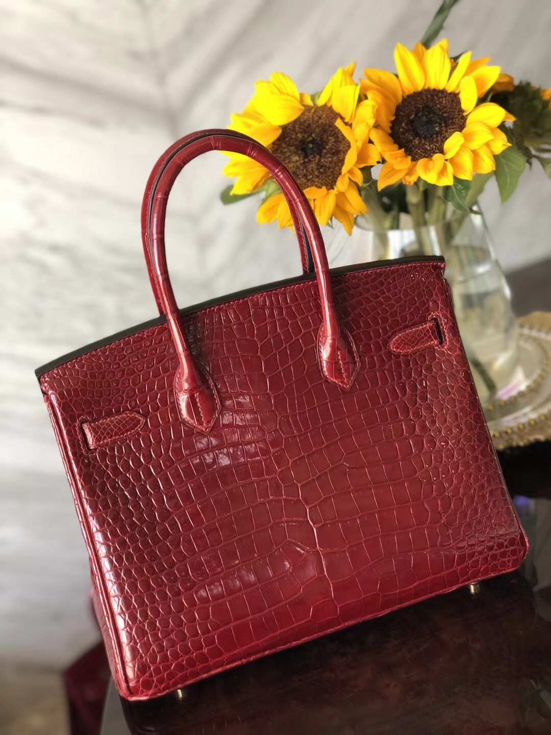 Luxury Hermes F5 Bourgogne Red Shiny Crocodile Leather Birkin30CM Bag