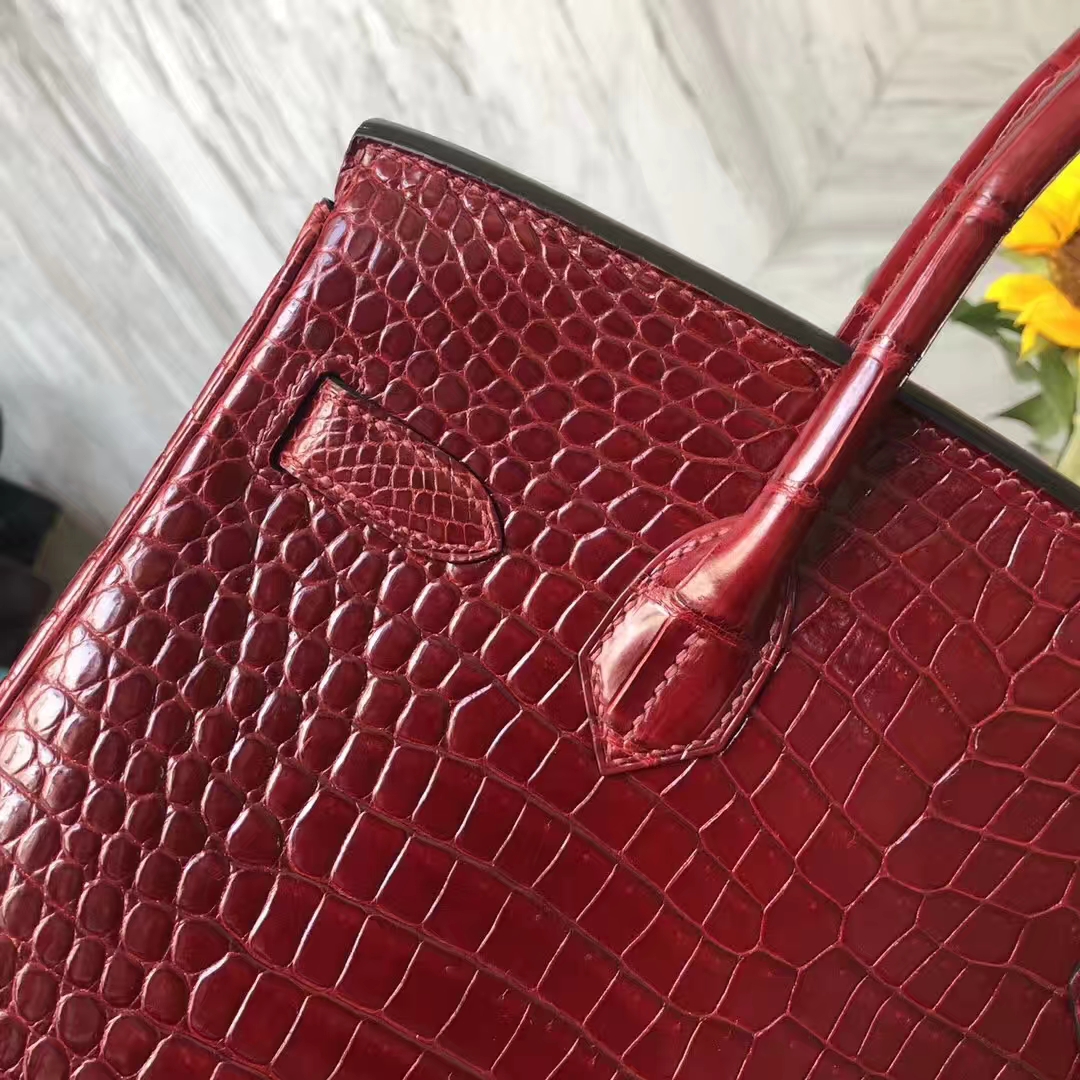 Luxury Hermes F5 Bourgogne Red Shiny Crocodile Leather Birkin30CM Bag