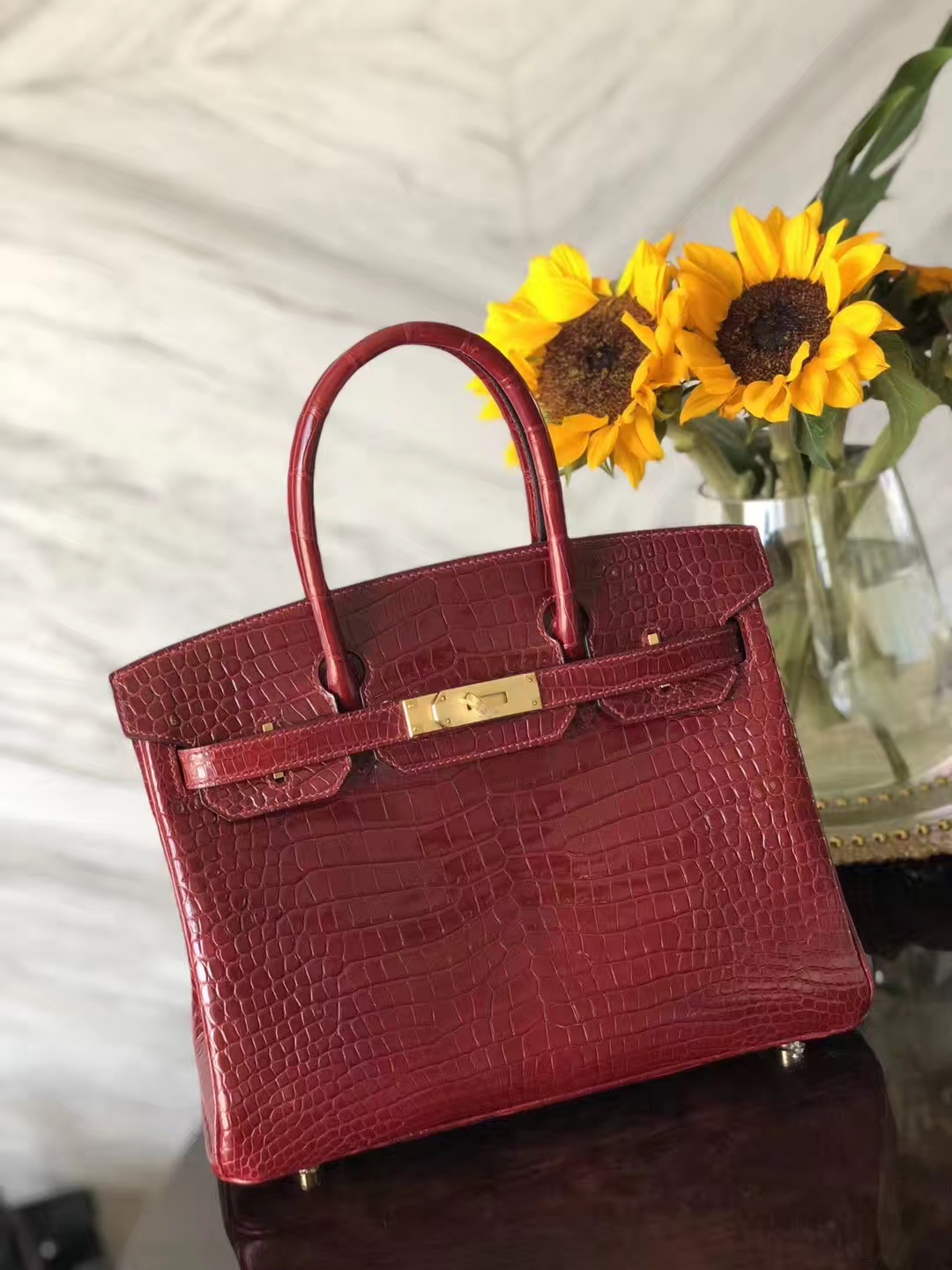Luxury Hermes F5 Bourgogne Red Shiny Crocodile Leather Birkin30CM Bag