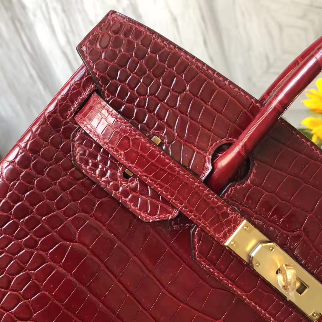 Luxury Hermes F5 Bourgogne Red Shiny Crocodile Leather Birkin30CM Bag