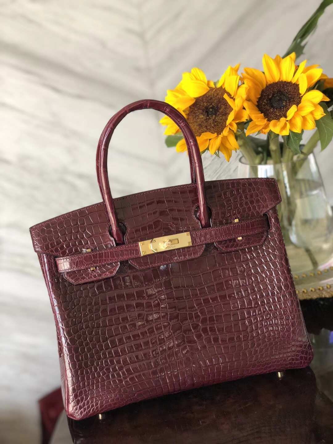 Discount Hermes Porosus Shiny Crocodile Birkin30 in CK57 Bordeaux Red Gold Hardware