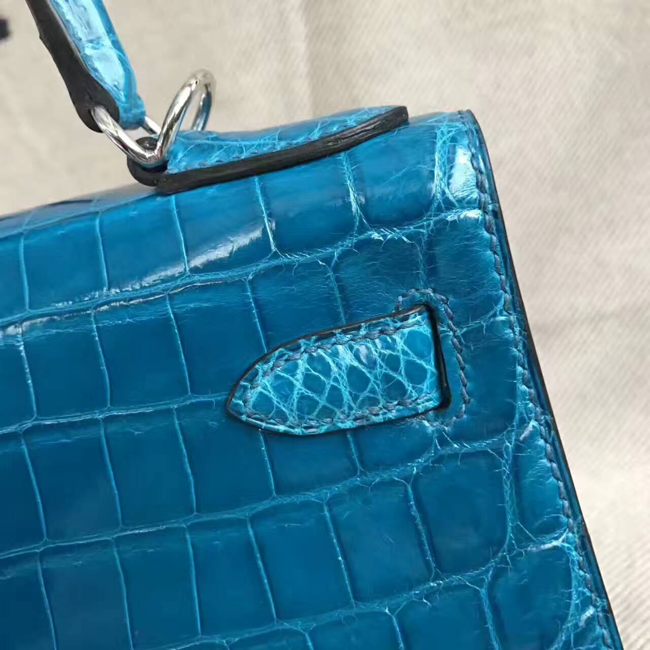 Discount Hermes 7W Blue Izmir Crocodile Shiny Sellier Kelly Bag 28CM