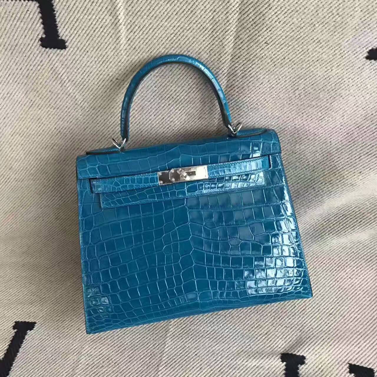 Discount Hermes 7W Blue Izmir Crocodile Shiny Sellier Kelly Bag 28CM
