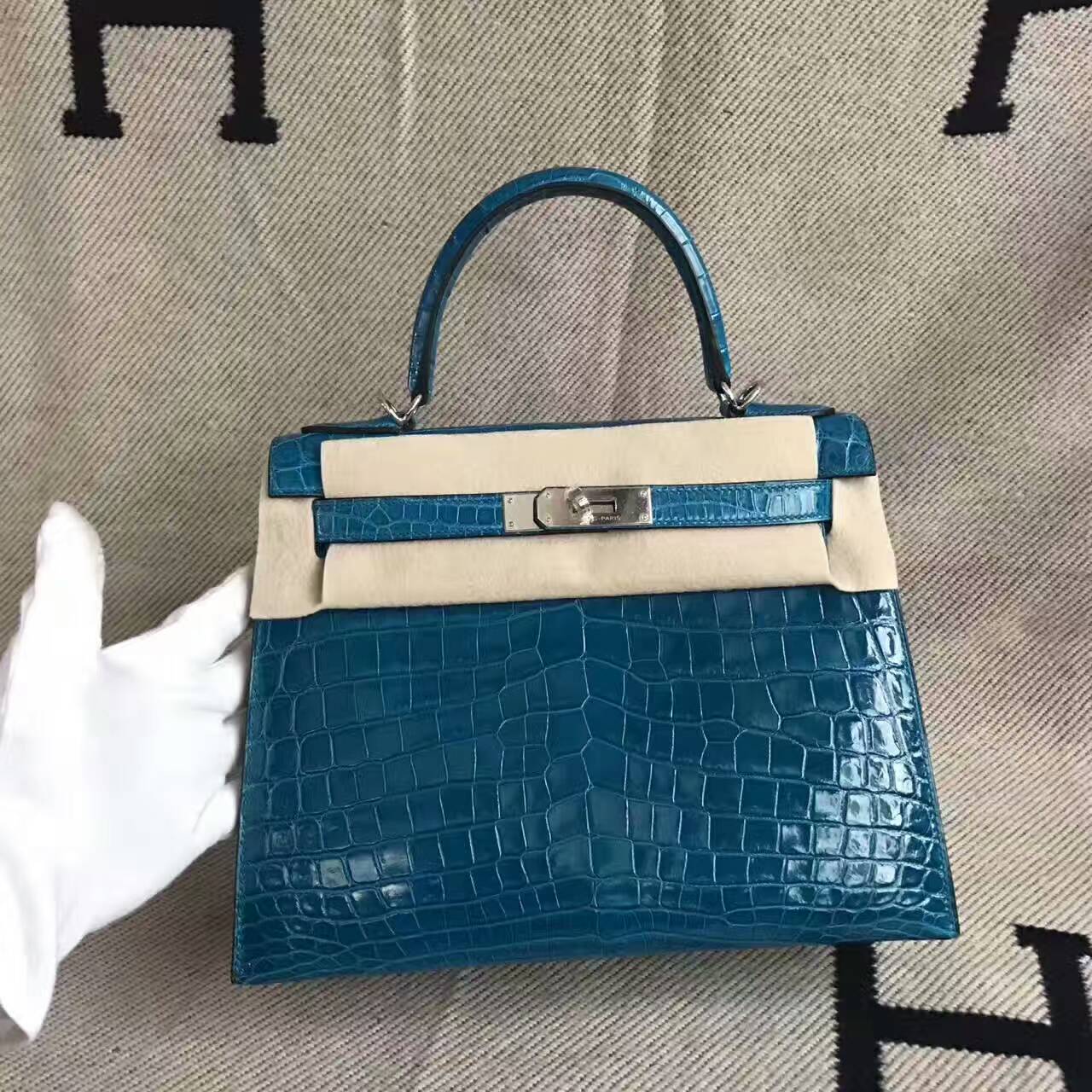 Discount Hermes 7W Blue Izmir Crocodile Shiny Sellier Kelly Bag 28CM