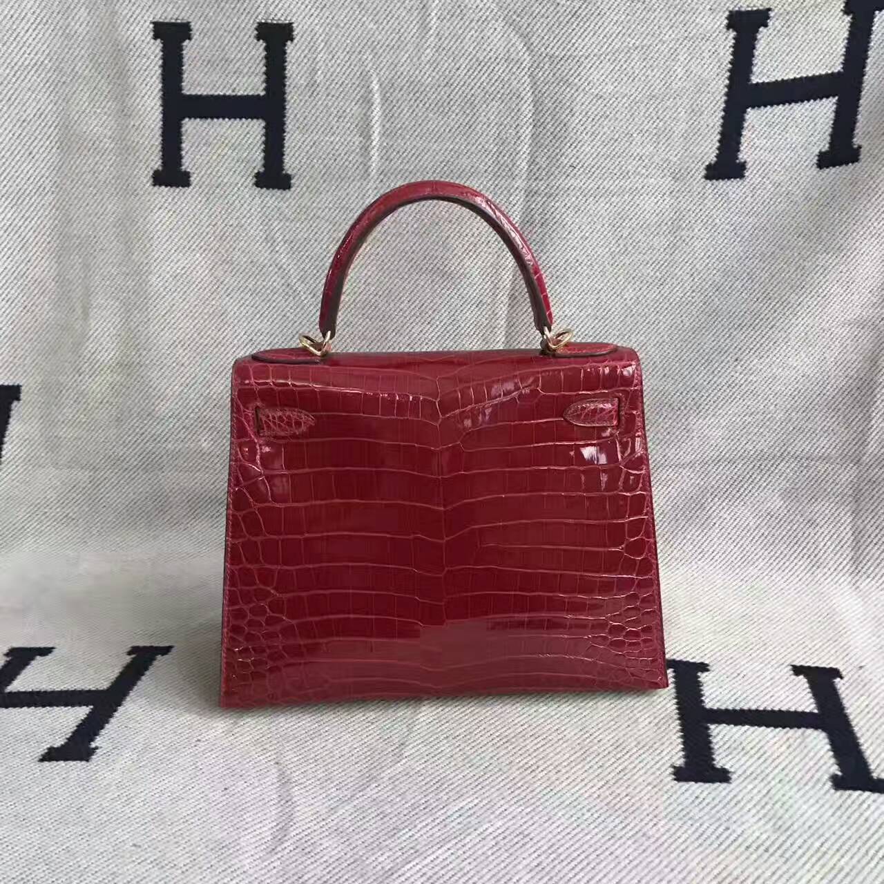 Wholesale Hermes CK55 Rouge Hermes Crocodile Shiny Leather Kelly Bag 28CM