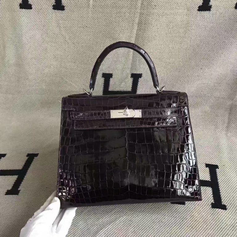 High Quality Hermes 9G Amethyst Purple Crocodile Leather Kelly Bag  28CM