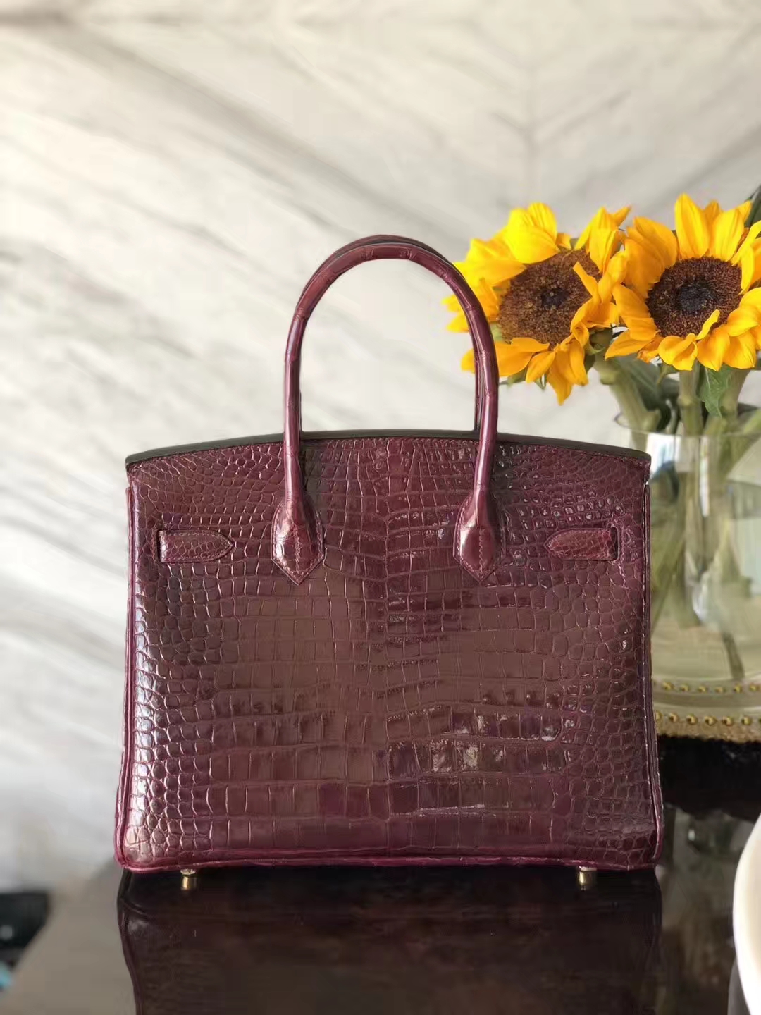 Discount Hermes Porosus Shiny Crocodile Birkin30 in CK57 Bordeaux Red Gold Hardware