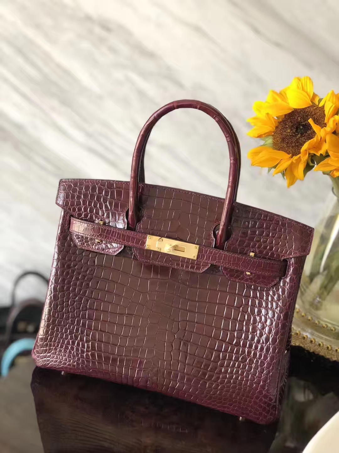 Discount Hermes Porosus Shiny Crocodile Birkin30 in CK57 Bordeaux Red Gold Hardware