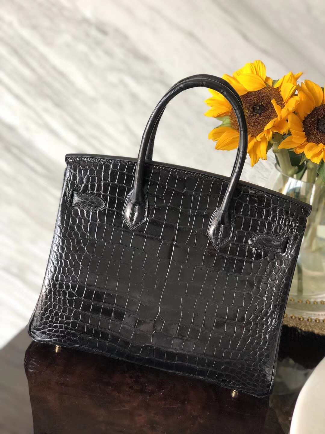 Fashion Hermes CK89 Black Shiny Crocodile Leather Birkin Bag30CM Gold Hardware