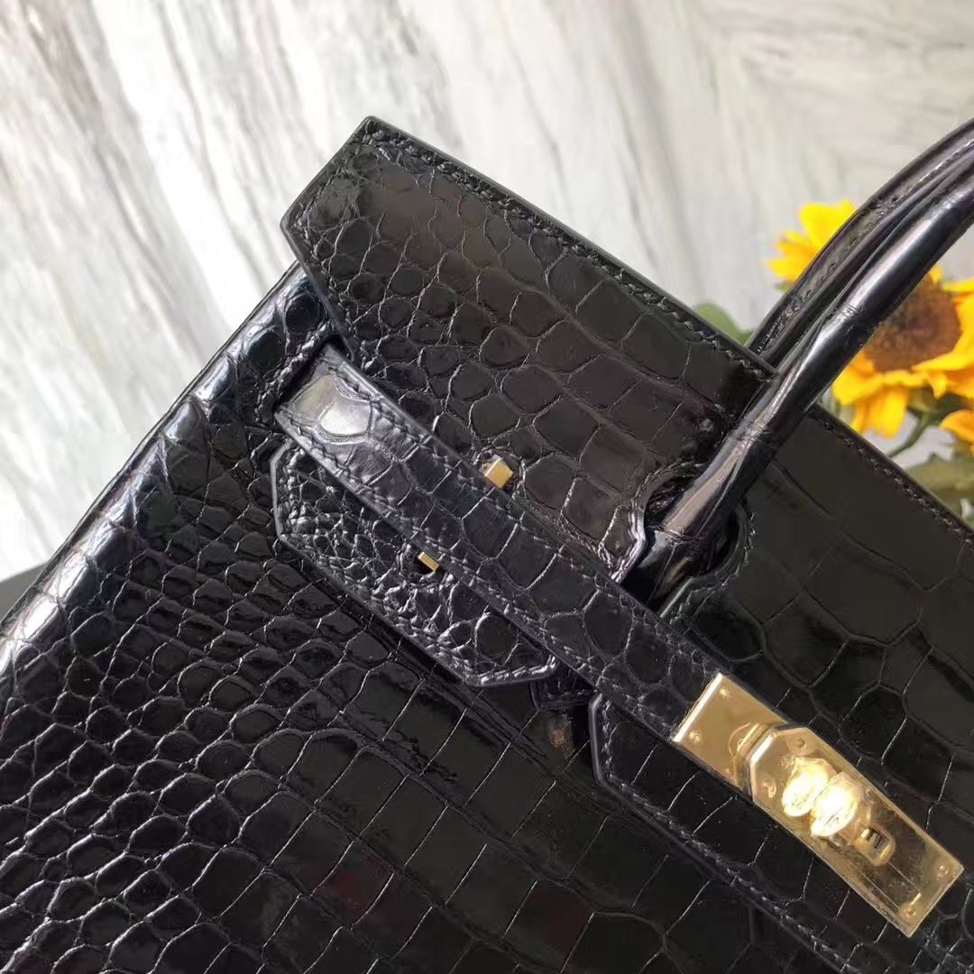 Fashion Hermes CK89 Black Shiny Crocodile Leather Birkin Bag30CM Gold Hardware