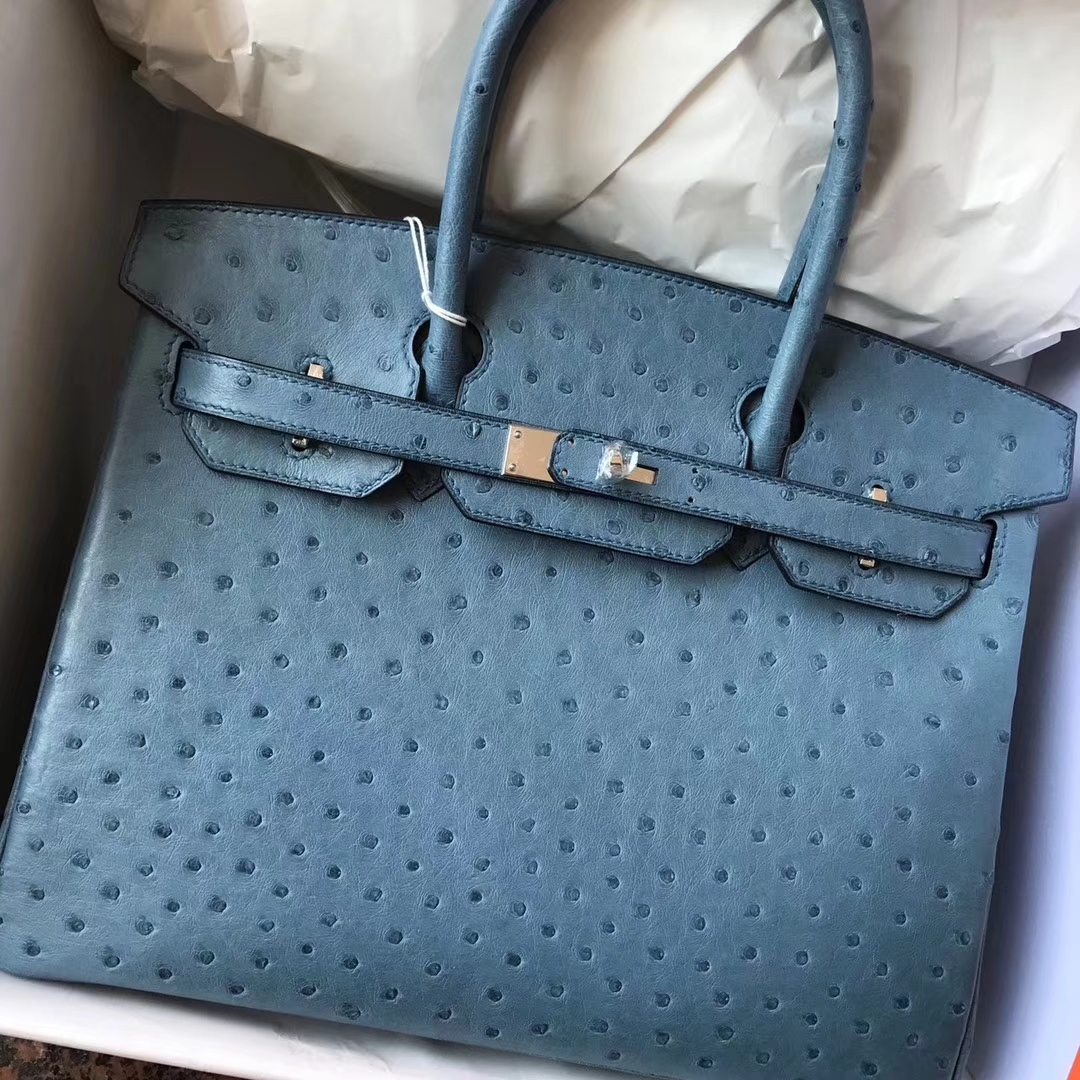 Wholesale Hermes Blue Jean Ostrich Leather Birkin30CM Bag Silver Hardware