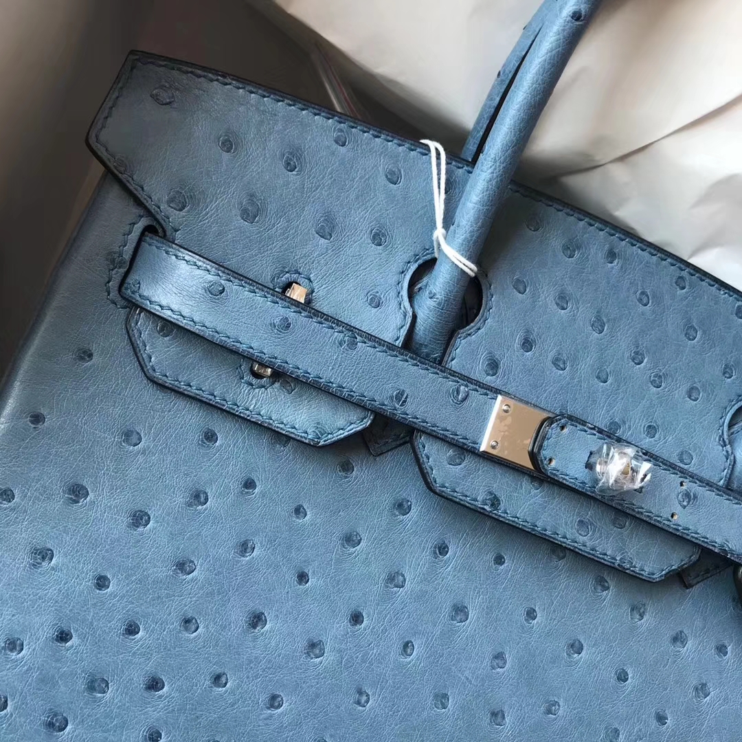 Wholesale Hermes Blue Jean Ostrich Leather Birkin30CM Bag Silver Hardware