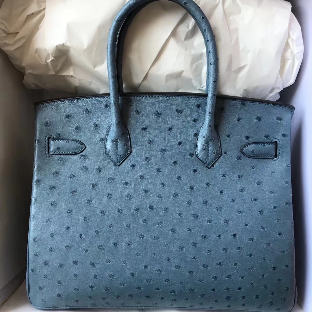 Wholesale Hermes Blue Jean Ostrich Leather Birkin30CM Bag Silver Hardware