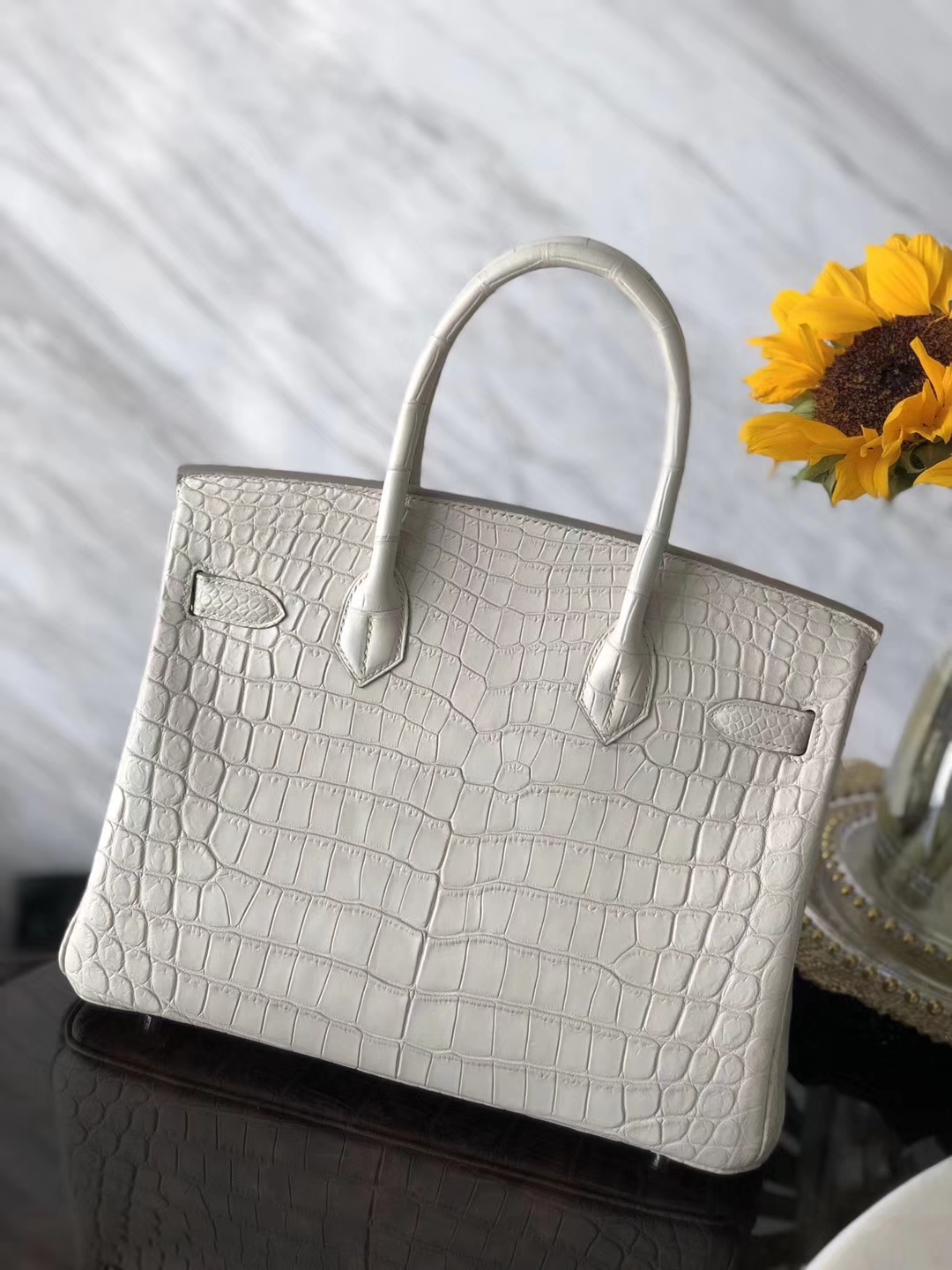 Fashion Hermes 8L Beton White Crocodile Matt Leather Birkin30CM Tote Bag