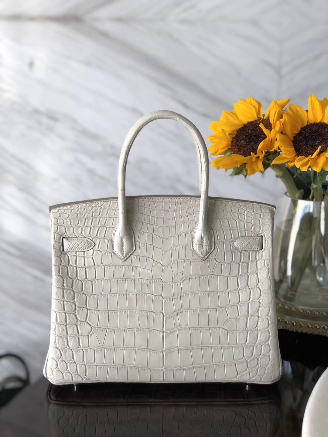 Fashion Hermes 8L Beton White Crocodile Matt Leather Birkin30CM Tote Bag