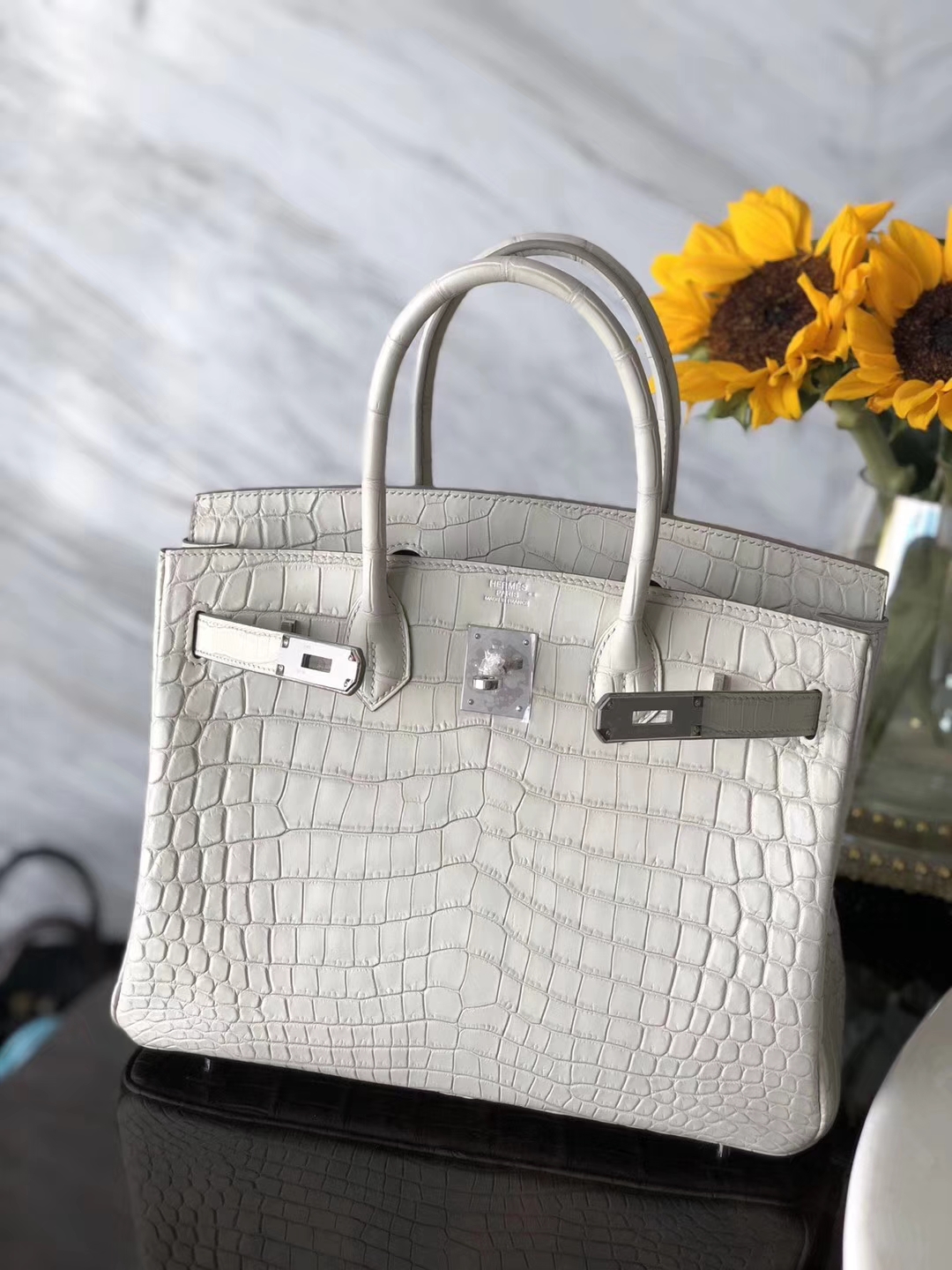 Fashion Hermes 8L Beton White Crocodile Matt Leather Birkin30CM Tote Bag