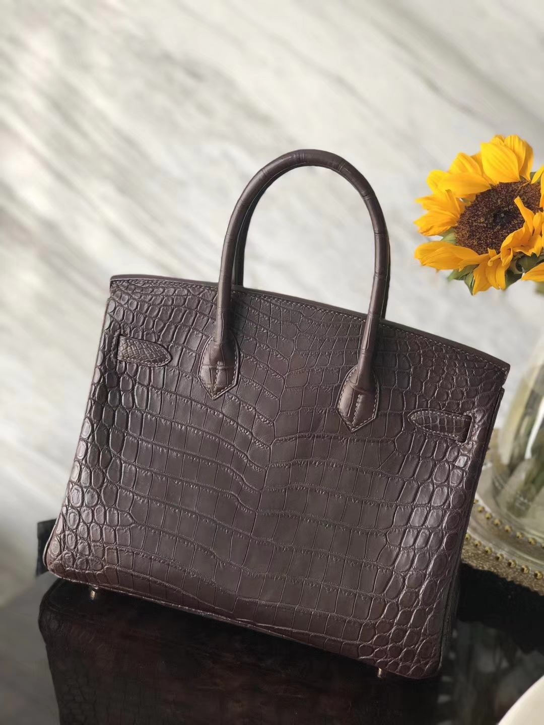 New Hermes Chocolate Color Crocodile Matt Leather Birkin Bag30CM Gold Hardware