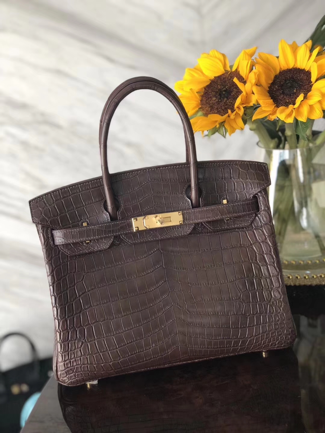 New Hermes Chocolate Color Crocodile Matt Leather Birkin Bag30CM Gold Hardware