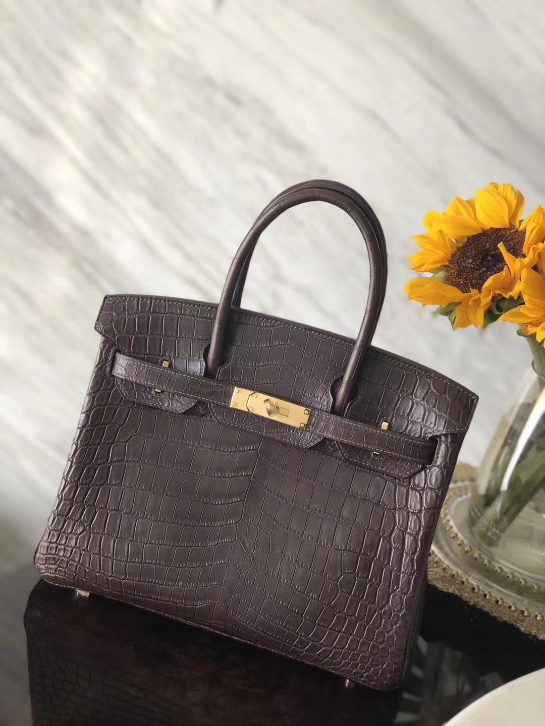 New Hermes Chocolate Color Crocodile Matt Leather Birkin Bag30CM Gold Hardware