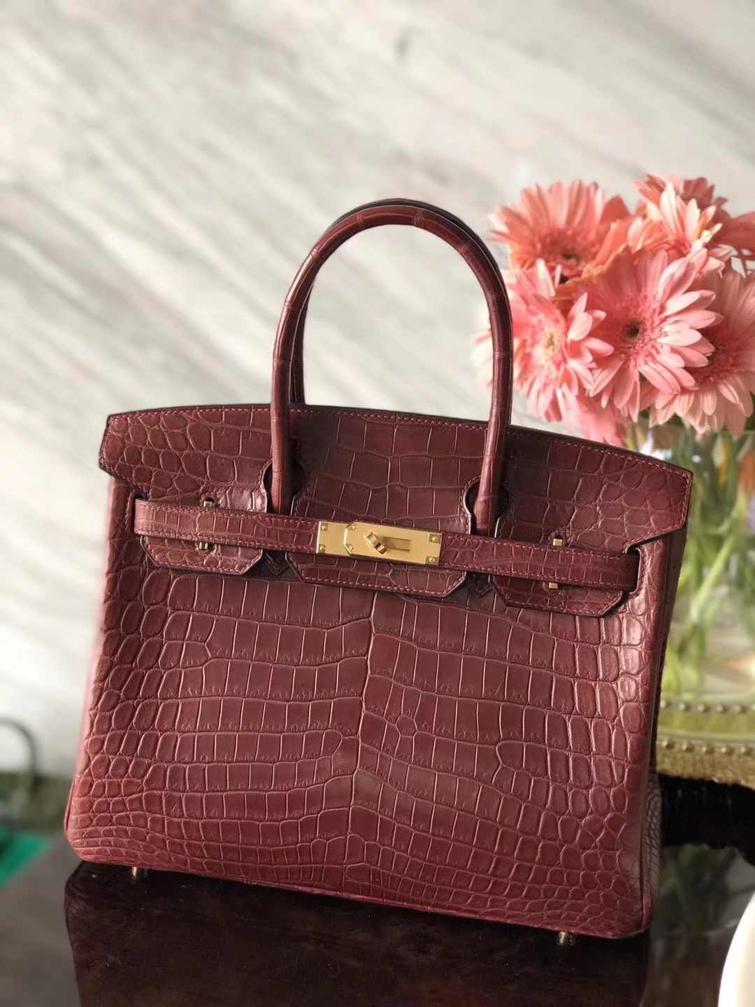 Pretty Hermes Crocodile Matt Birkin30CM Bag in CK55 Rouge Hermes Gold Hardware