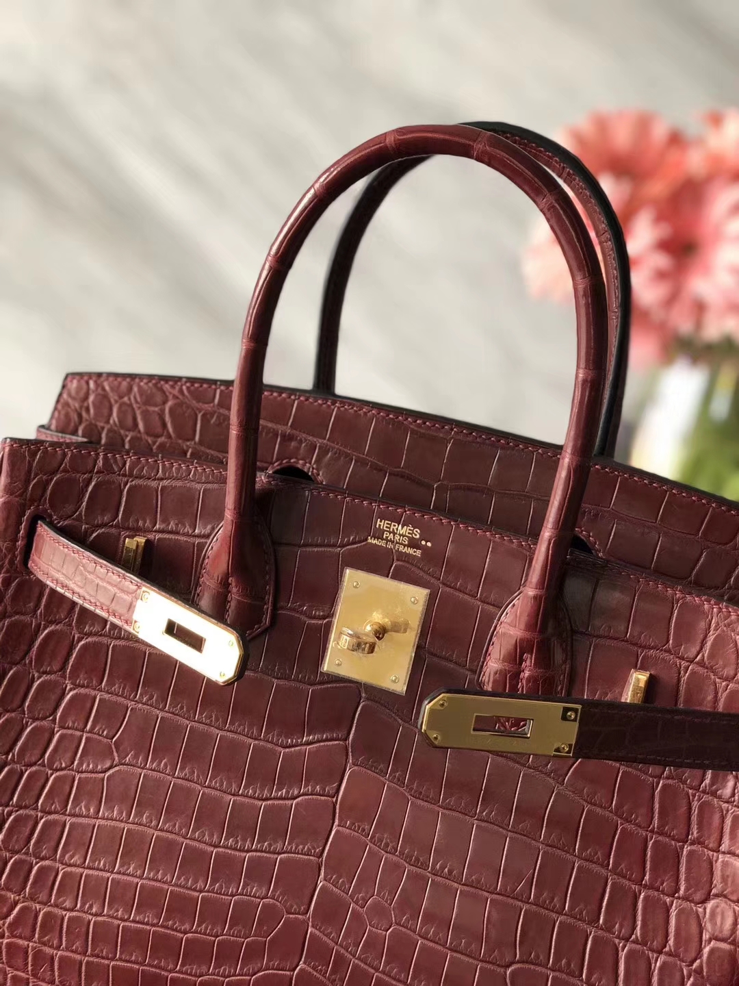 Pretty Hermes Crocodile Matt Birkin30CM Bag in CK55 Rouge Hermes Gold Hardware