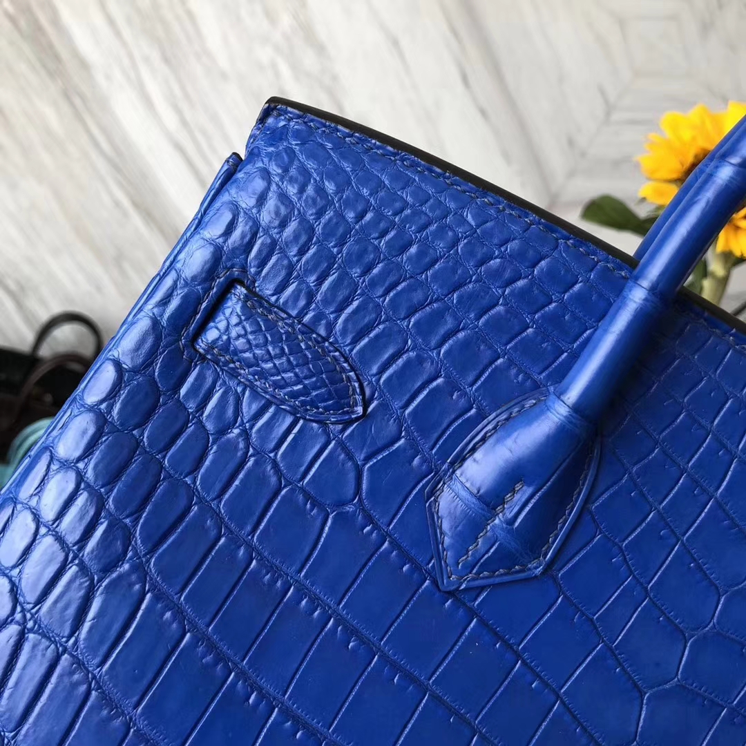 Noble Hermes 7T Blue Electric Matt Crocodile Leather Birkin Bag30CM Silver Hardware