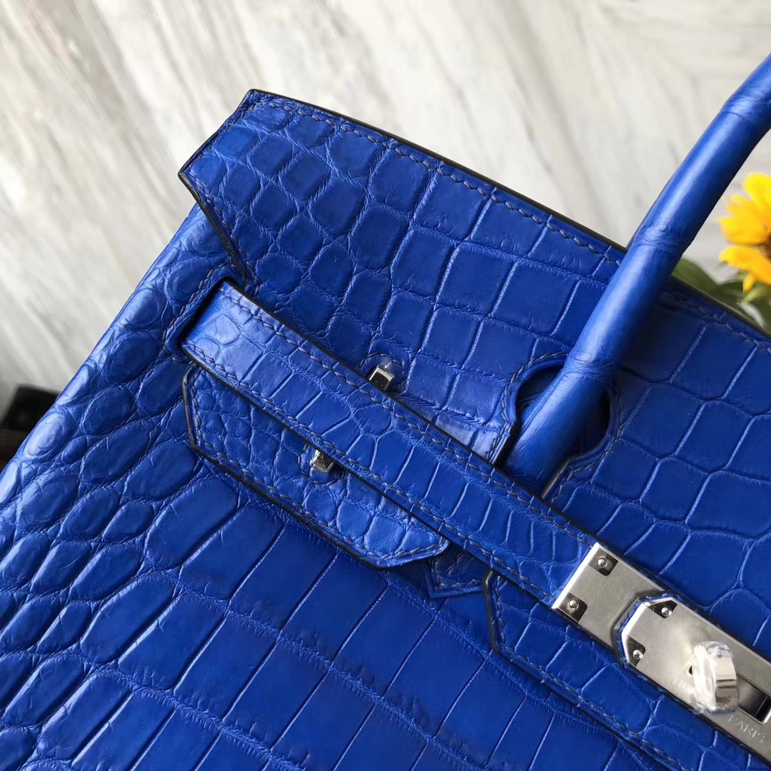 Noble Hermes 7T Blue Electric Matt Crocodile Leather Birkin Bag30CM Silver Hardware