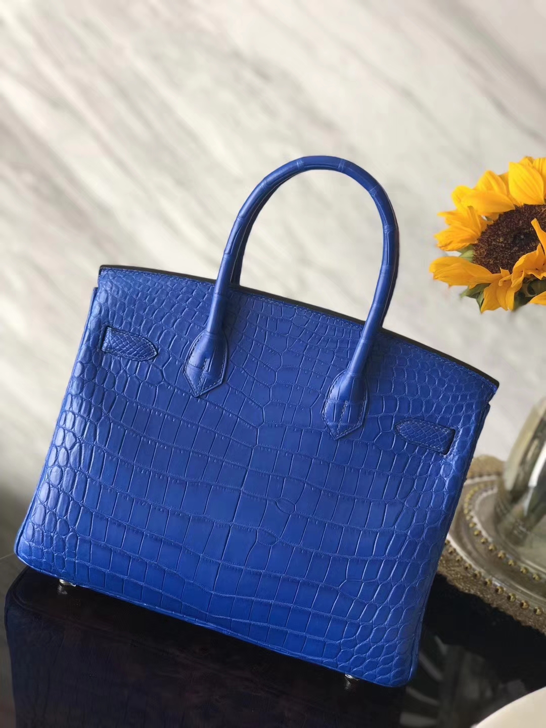 Noble Hermes 7T Blue Electric Matt Crocodile Leather Birkin Bag30CM Silver Hardware