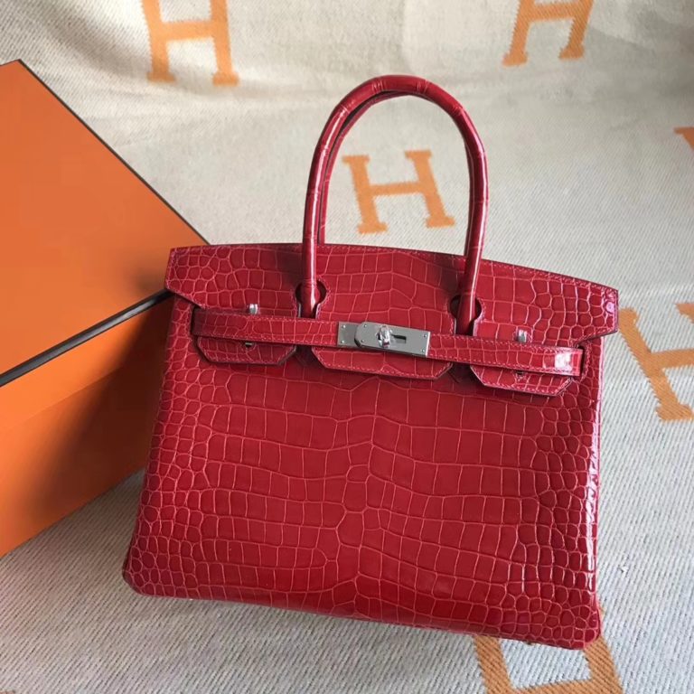 Hermes Q5 Rouge Casaque Shiny Crocodile Leather Birkin Bag 30CM Silver Hardware