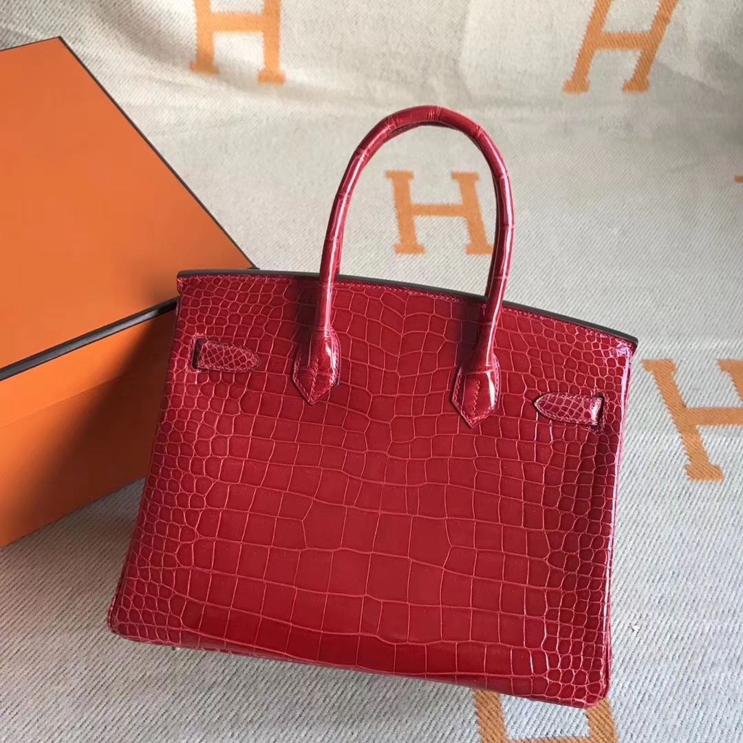 Sale Hermes Q5 Rouge Casaque Shiny Crocodile Leather Birkin Bag30CM Silver Hardware