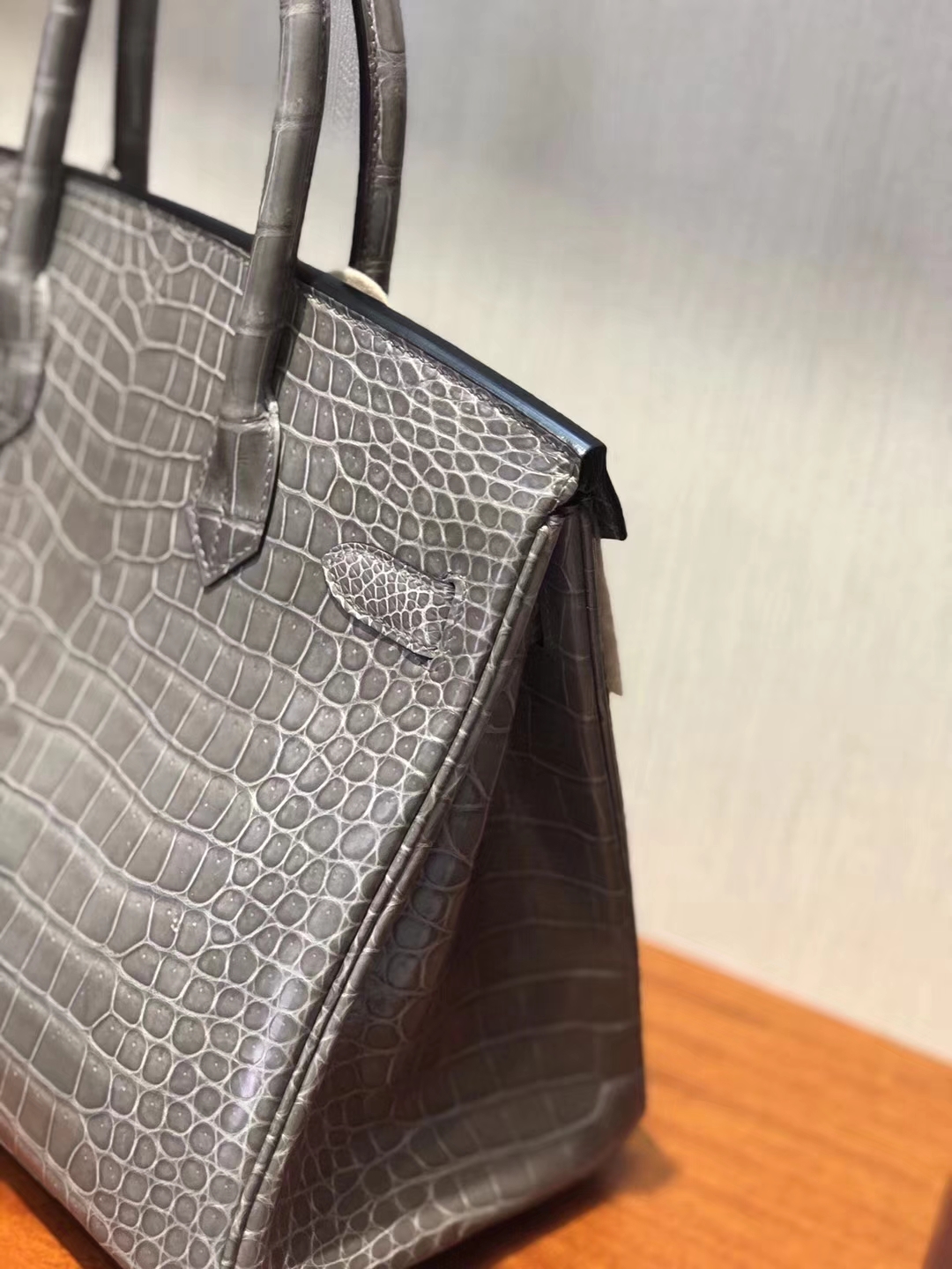 Sale Hermes C81 Gris Tourterelle Shiny Crocodile Leather Birkin30CM Bag