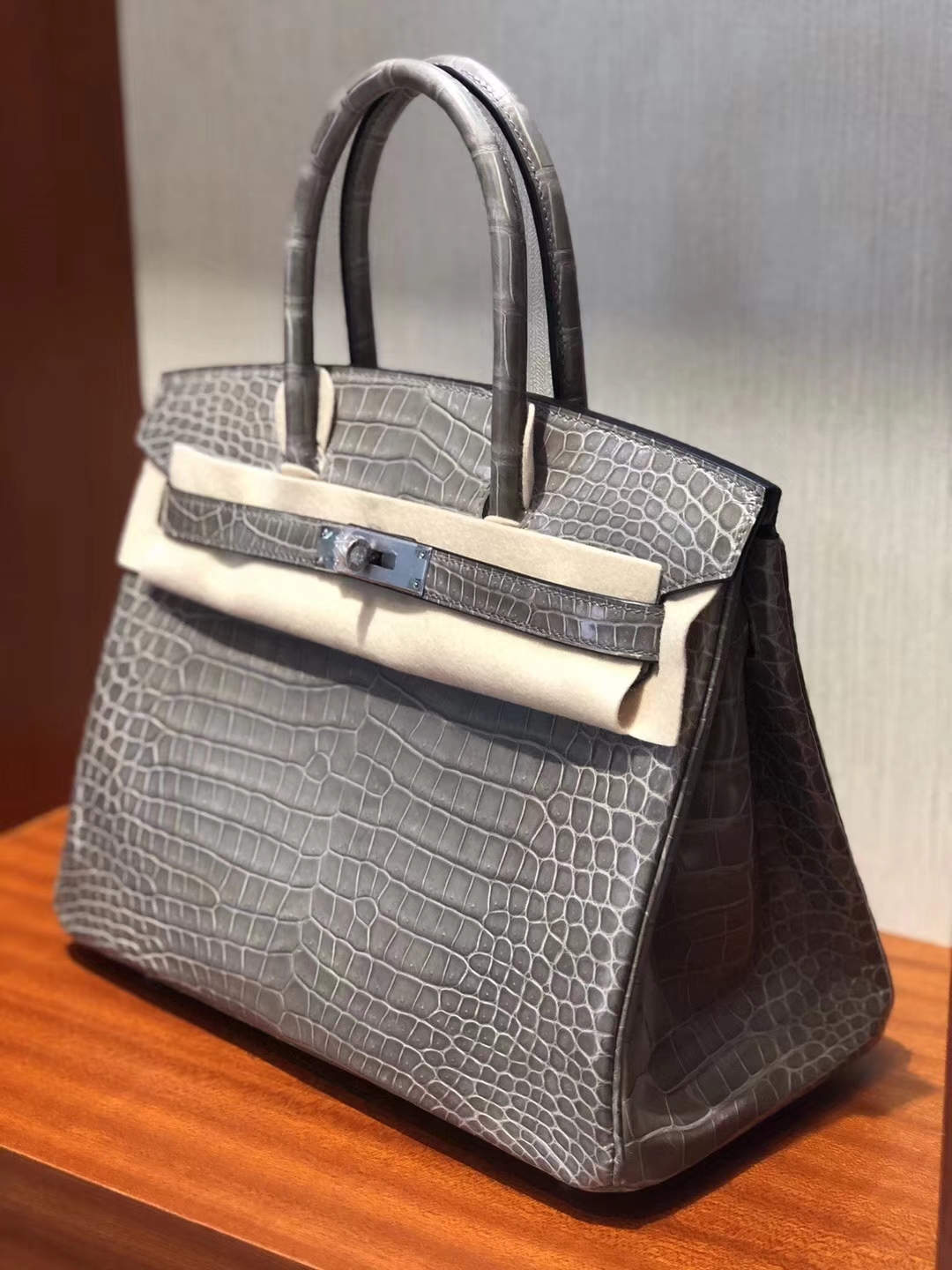 Sale Hermes C81 Gris Tourterelle Shiny Crocodile Leather Birkin30CM Bag
