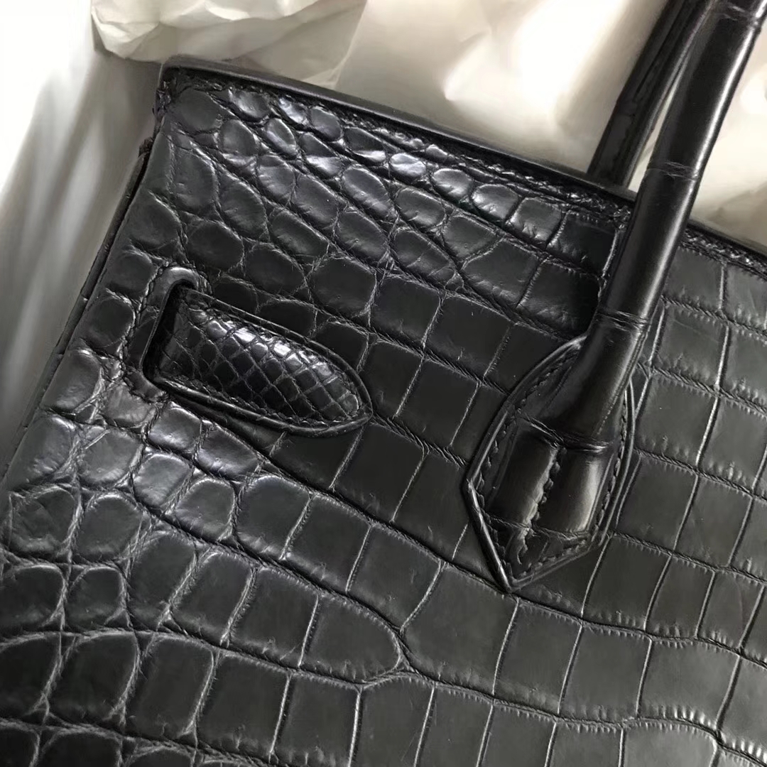 Hot Sale Hermes CK89 Black Crocodile Matt Leather Birkin Bag30CM Silver Hardware