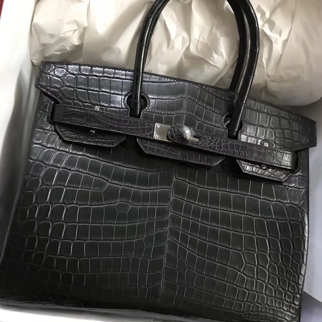 Hot Sale Hermes CK89 Black Crocodile Matt Leather Birkin Bag30CM Silver Hardware