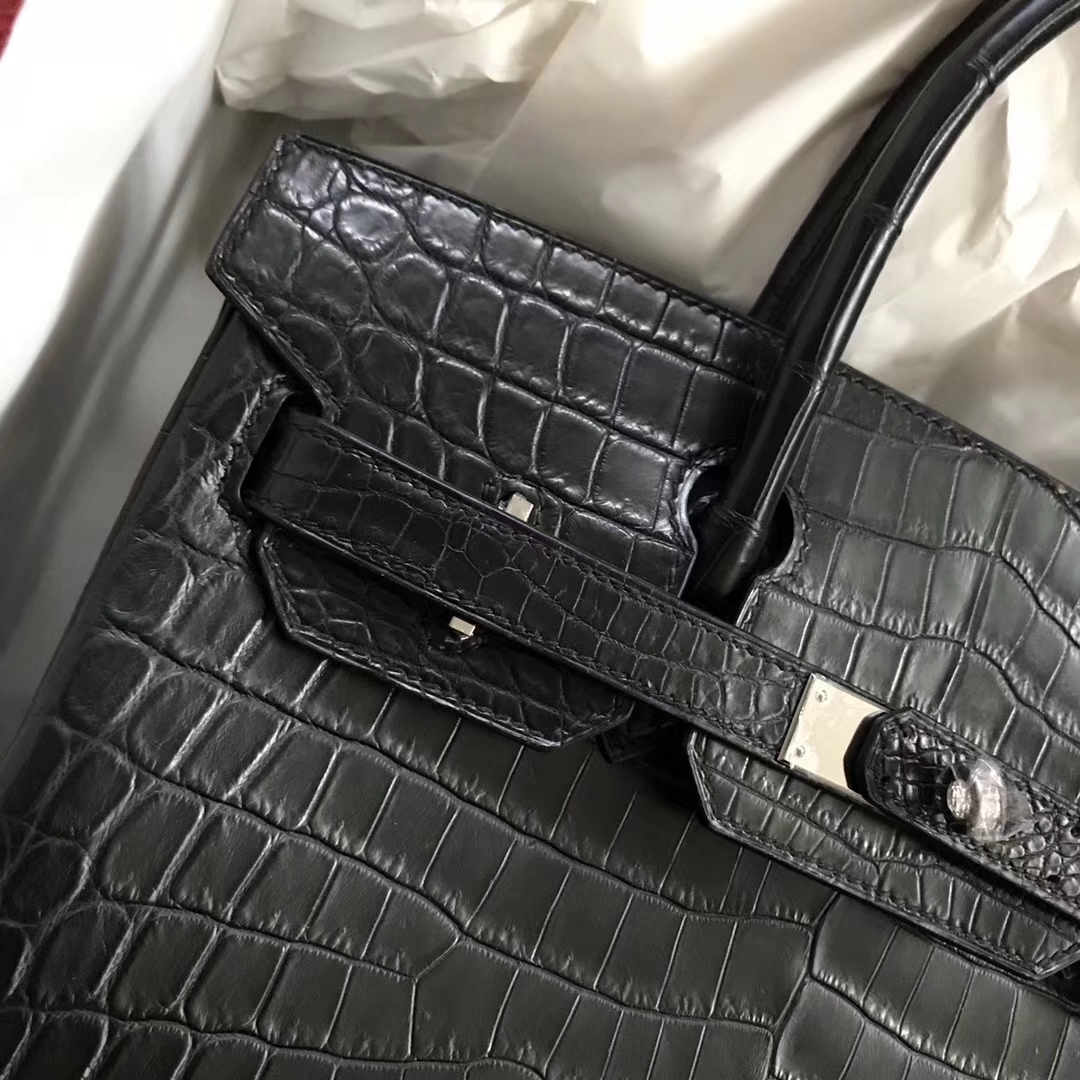 Hot Sale Hermes CK89 Black Crocodile Matt Leather Birkin Bag30CM Silver Hardware