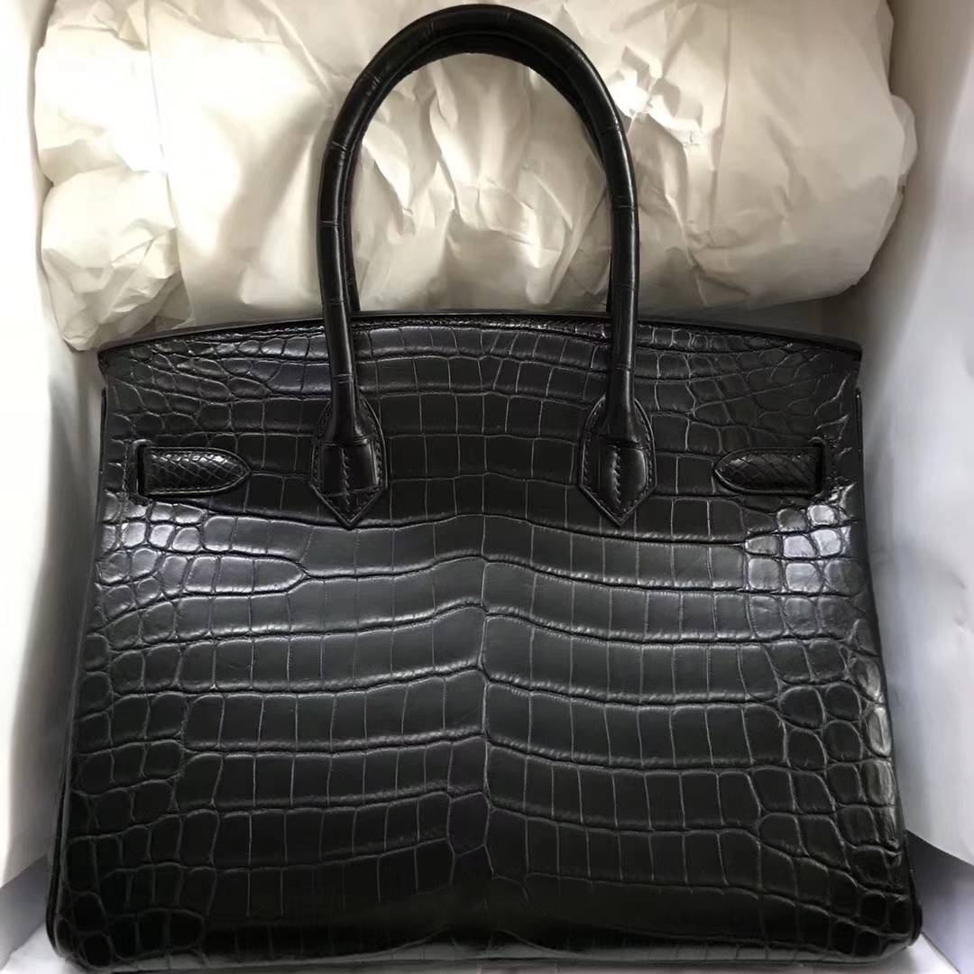 Hot Sale Hermes CK89 Black Crocodile Matt Leather Birkin Bag30CM Silver Hardware