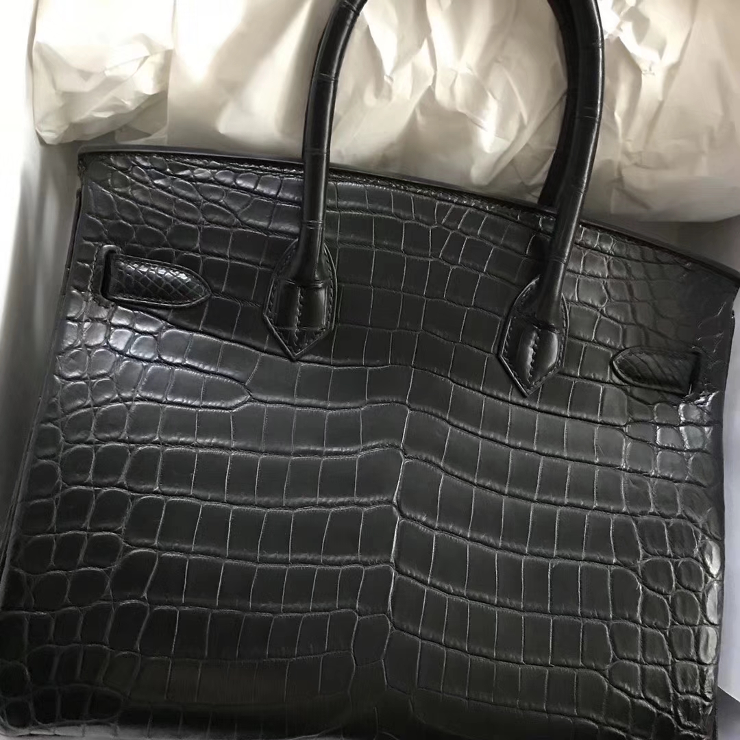 Hot Sale Hermes CK89 Black Crocodile Matt Leather Birkin Bag30CM Silver Hardware