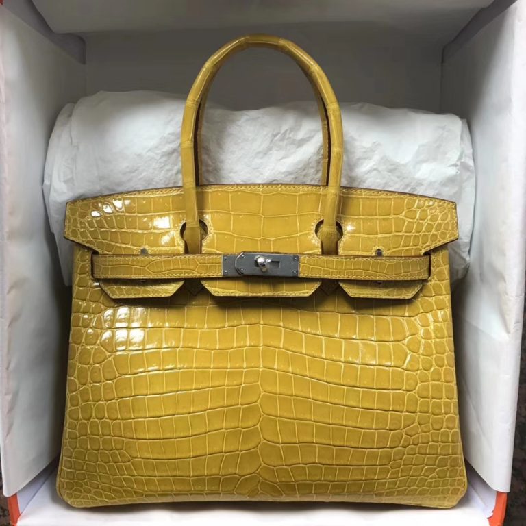 Hermes 9D Amber Yellow Shiny Crocodile Leather Birkin 30CM Bag Silver Hardware