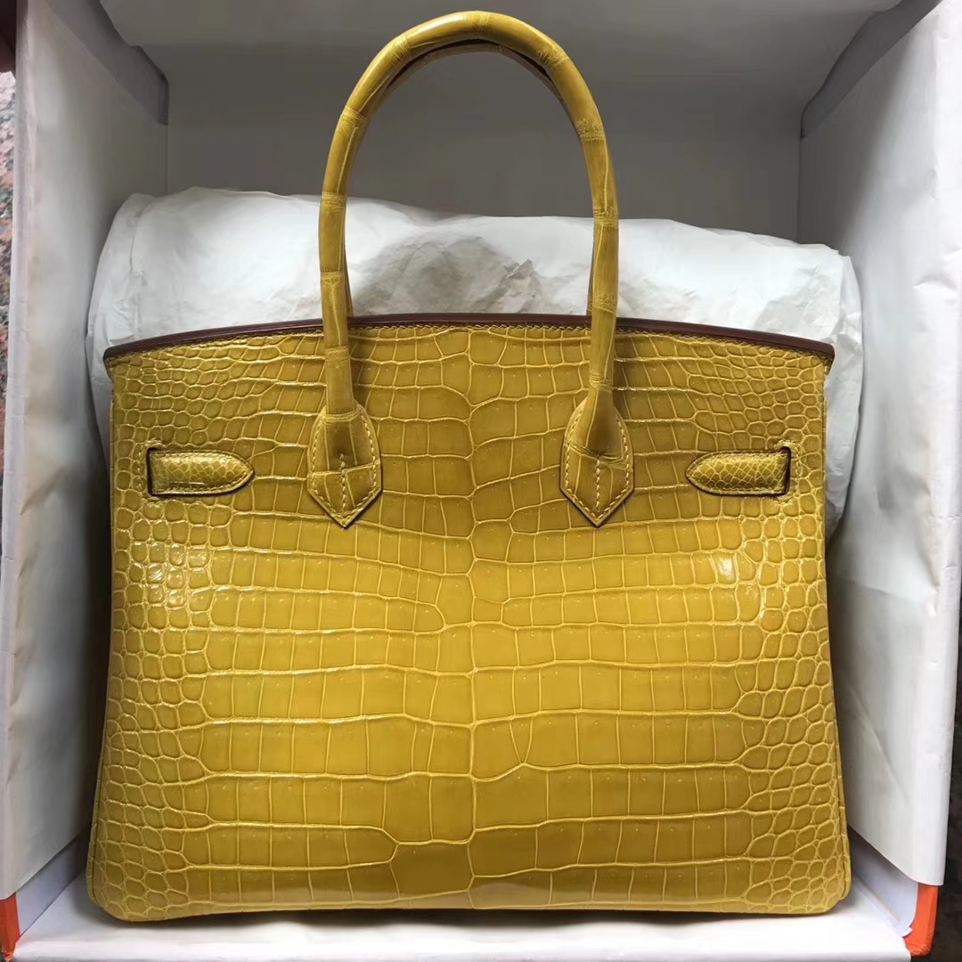 Fashion Hermes 9D Amber Yellow Shiny Crocodile Leather Birkin30CM Bag Silver Hardware
