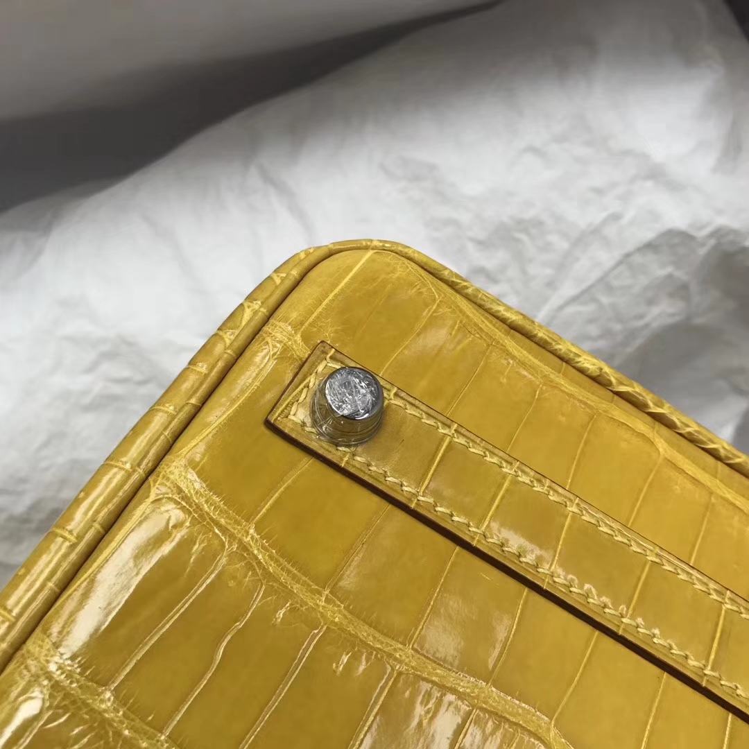Fashion Hermes 9D Amber Yellow Shiny Crocodile Leather Birkin30CM Bag Silver Hardware