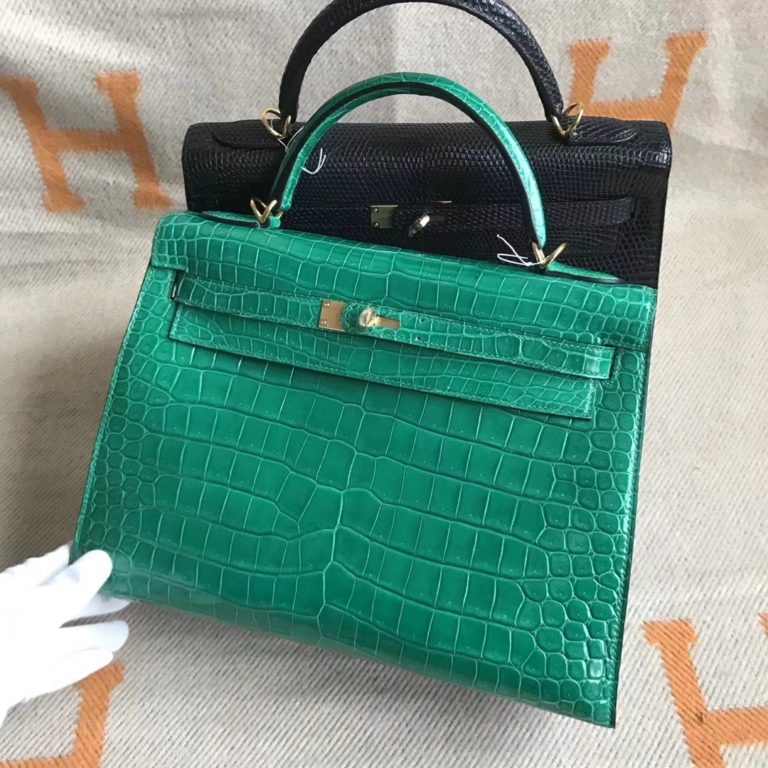 Hermes 6Q Emerald Green Shiny Crocodile Leather Kelly 32cm Bag
