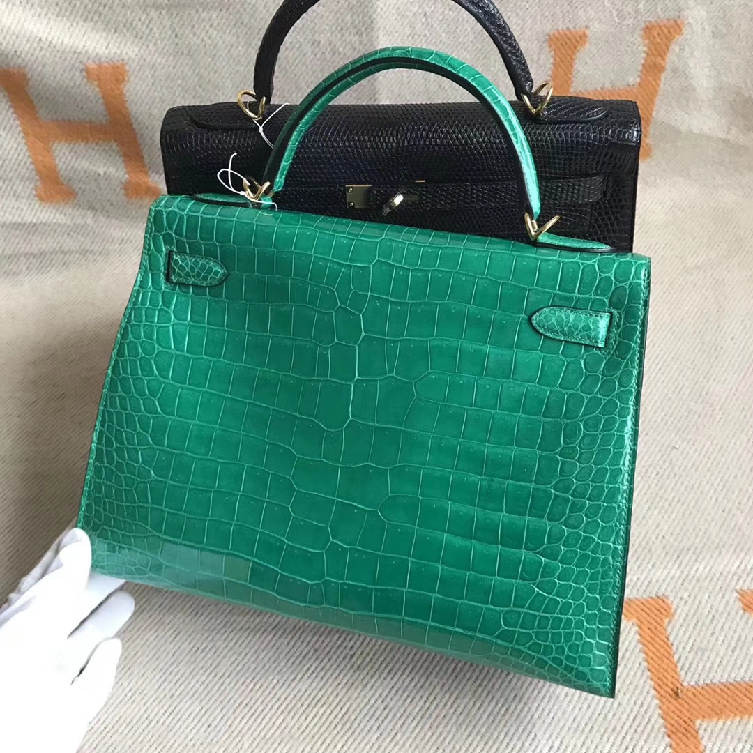 Noble Hermes 6Q Emerald Green Shiny Crocodile Leather Kelly32cm Bag