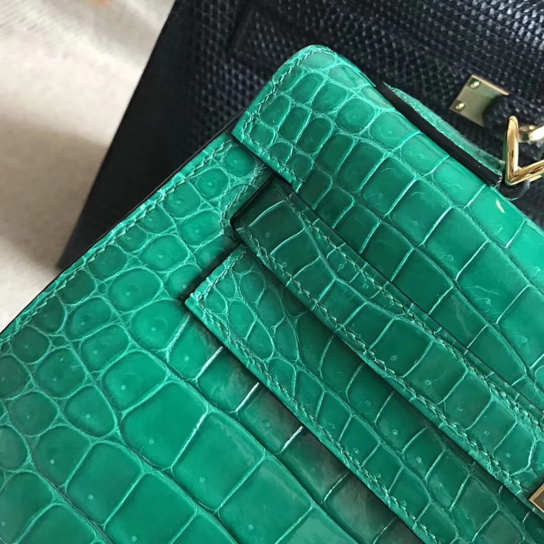 Noble Hermes 6Q Emerald Green Shiny Crocodile Leather Kelly32cm Bag