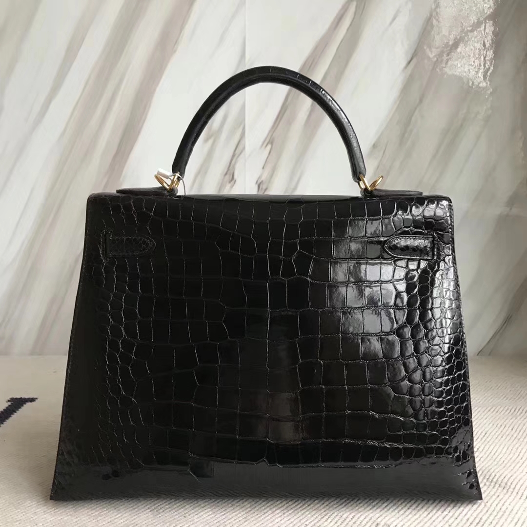Discount Hermes CK89 Black Porosus Shiny Crocodile Kelly32CM Bag Gold Hardware