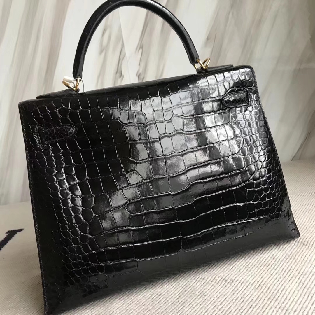 Discount Hermes CK89 Black Porosus Shiny Crocodile Kelly32CM Bag Gold Hardware