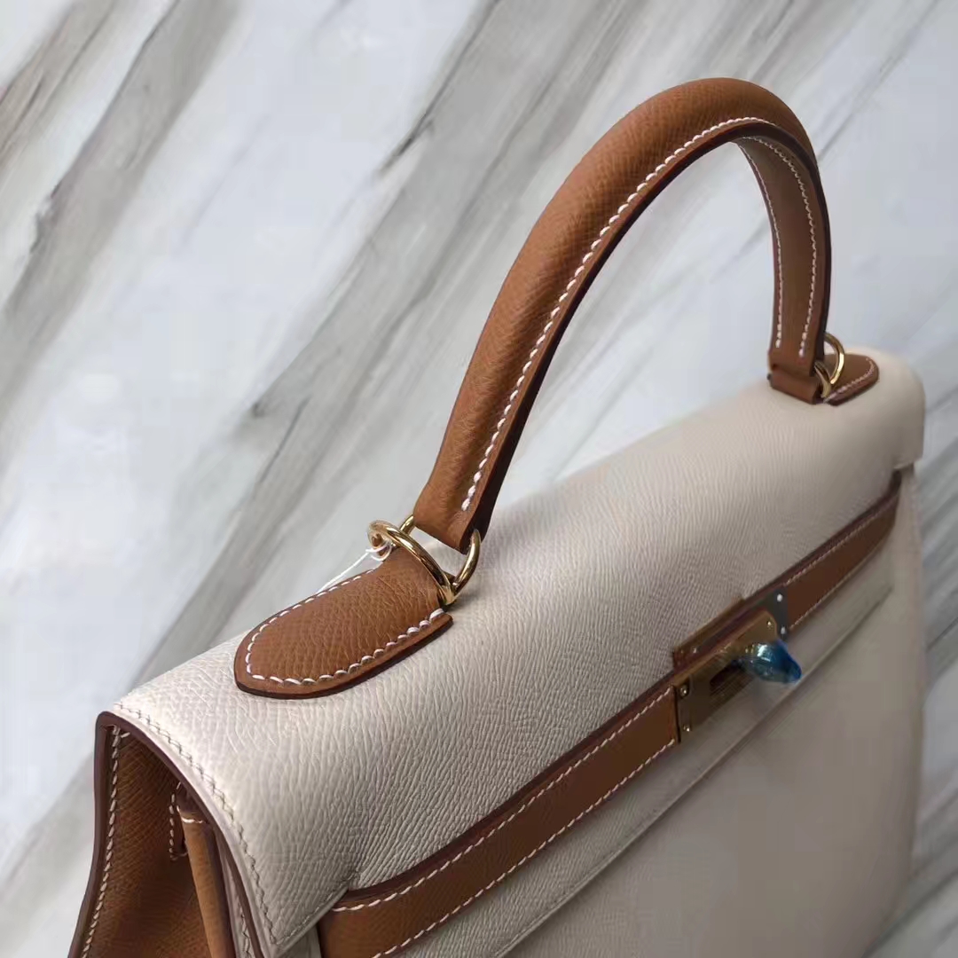 Customization Hermes CK10 Craie White/CK37 Gold Epsom Calf Kelly32CM Bag Gold Hardware