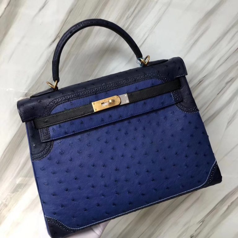 Hermes 7T Blue Electric Ostrich Leather Ghillies Kelly Bag 32CM Gold Hardware