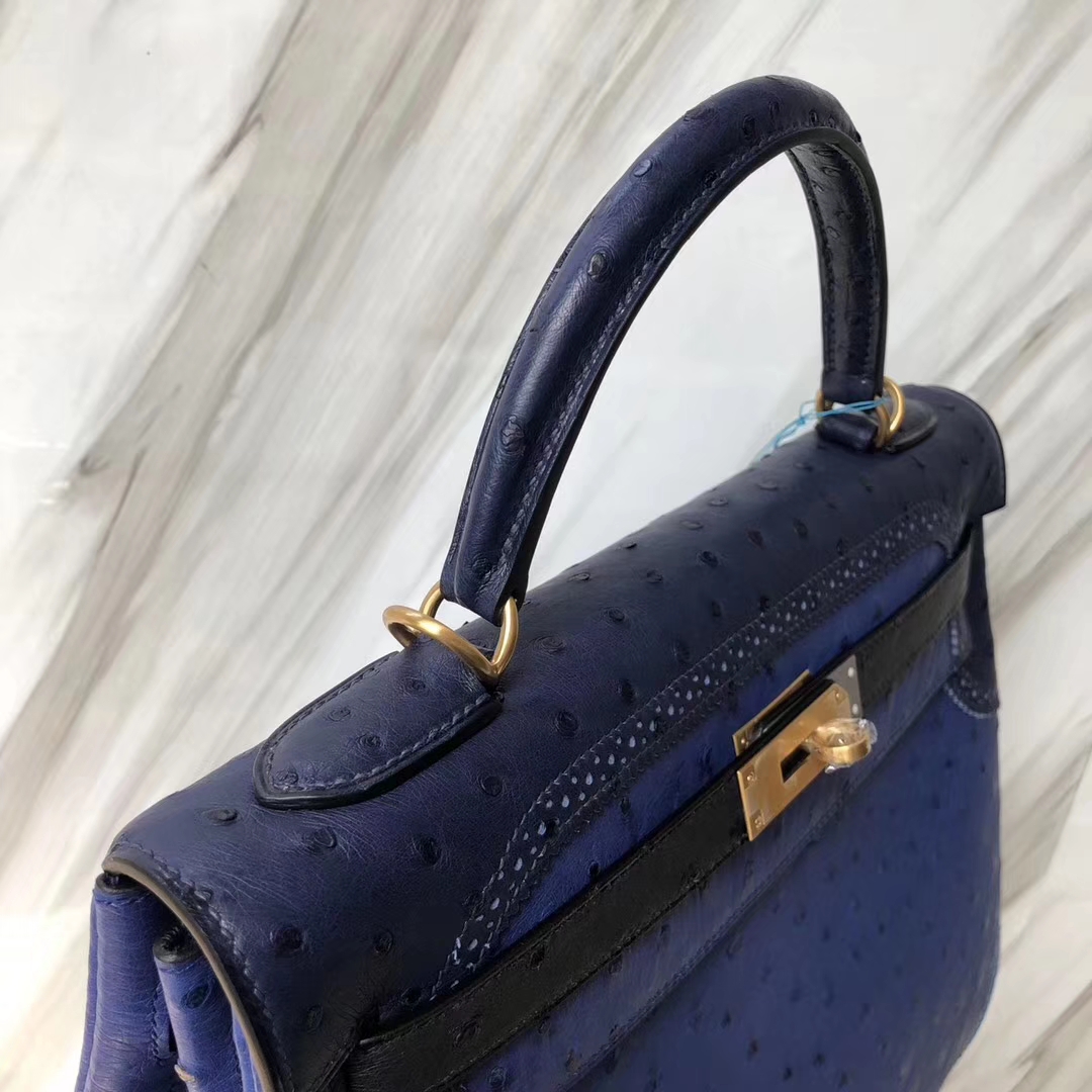 New Arrival Hermes 7T Blue Electric Ostrich Leather Ghillies Kelly Bag32CM Gold Hardware