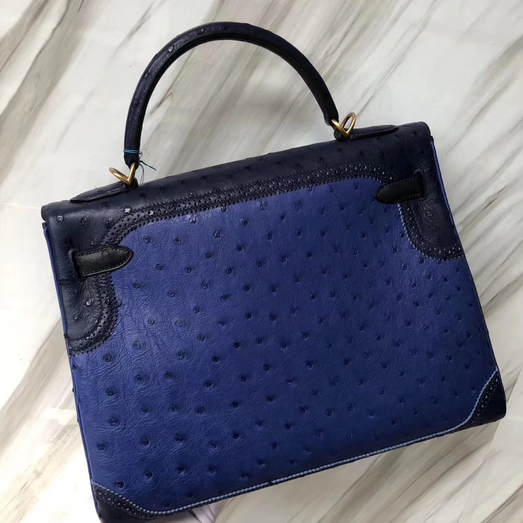 New Arrival Hermes 7T Blue Electric Ostrich Leather Ghillies Kelly Bag32CM Gold Hardware